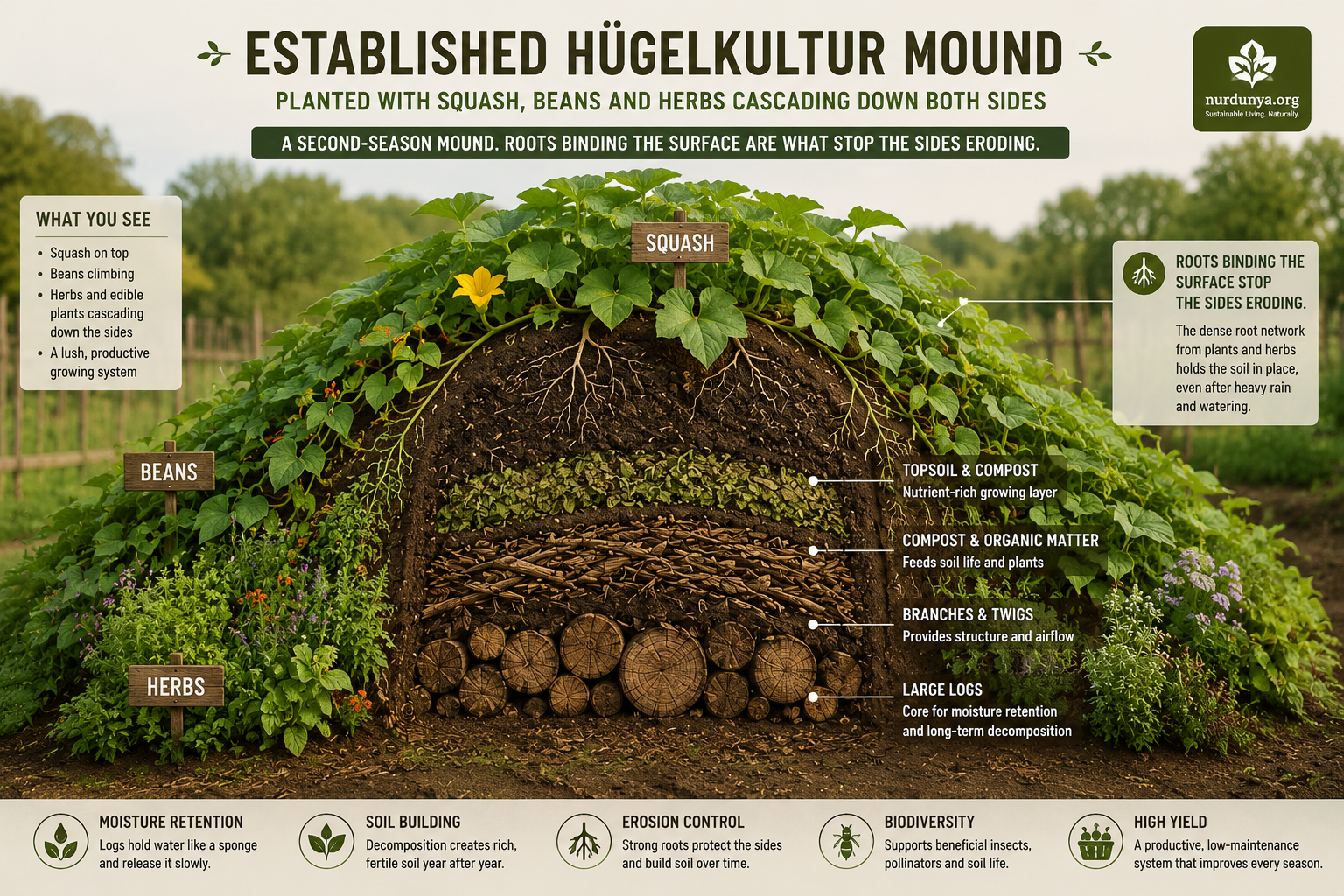 Established hügelkultur mound planted with squash, beans and herbs cascading down both sides